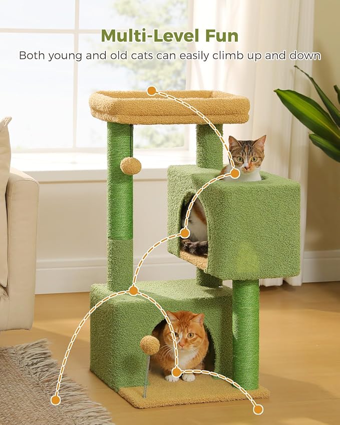 32" Cactus Cat Tree Tower for Indoor Cats - 2 Cozy Condos, Multi-Level Cat Scratching Posts with Sisal, Soft Padded Perch, 2 Dangling Toys, Green