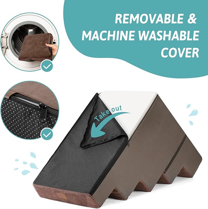 COZY KISS Dog Stairs with Detachable Zipper, 19.7" Extra Wide Right-Angle Pet Stairs for Bed, Anti-Slip Dog Steps for Lowrider and Puppy, Elderly Cats with Support Board, 19.7x29.5x23.6 inch, Brown