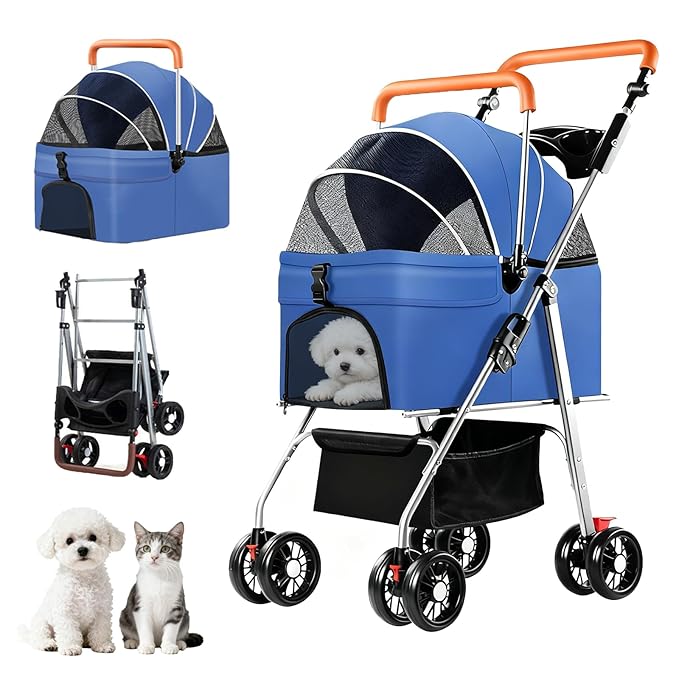 YYW Pet Stroller for Small Dogs & Cats, 3 in 1 Foldable Kittens Puppies Travel Strolling Cart with Removable Carrier, Cup Holder, Storage Basket & Lockable Wheels(Blue)