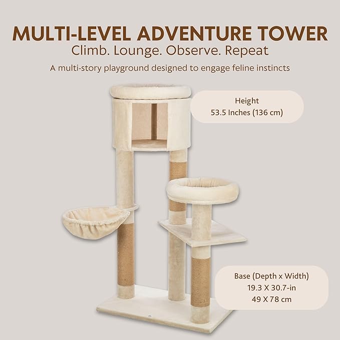 Trixie Aidan 53" Cat Tree Tower with Hammock, Condo, 6 Plush & Jute Scratching Posts, Cozy Beds & Multi-Level Perches – Modern Indoor Cat Furniture for Climbing, Scratching, Lounging & Play