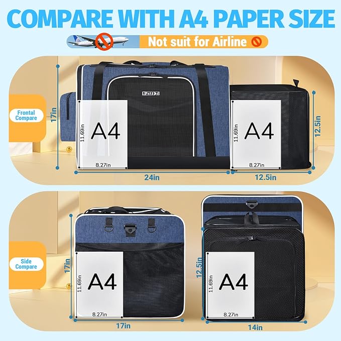 Petskd Side Expandable Extra Large Cat Carrier with Litter Box Area, 24"x17"x17" Soft-Sided Pet Carrier for 2 Cats Under 55 lbs with Zipper Locks for Car Travel(Blue)