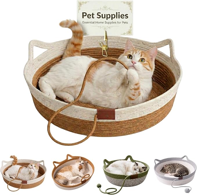 Interactive Cat Bed Basket Handwoven Cotton Rope Stimulicat Cat Basket with Toy Ball, Foldable Scratchable Instinct Basket for Cats & Kittens Stimuli Cat Basket Nest