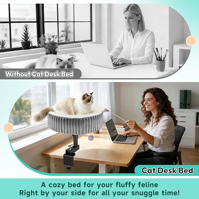 TNELTUEB Cat Desk Bed - 360° Rotating,Clamp On Cat Bed for Desks, Adjustable High Support Up to80 lbs for Office, Game Table, Island Tables, Desktop Attachment Hammock Grey