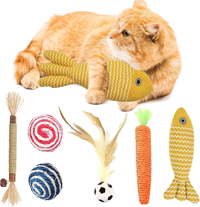 6 in 1 Cat Toys Set with Sisal Rope, Interactive Feather Ball for Indoor Cats, Catnip Carrot & Fish with 2 Balls, Natural Kitten Teething Chew Toy for Self Play, Exercise