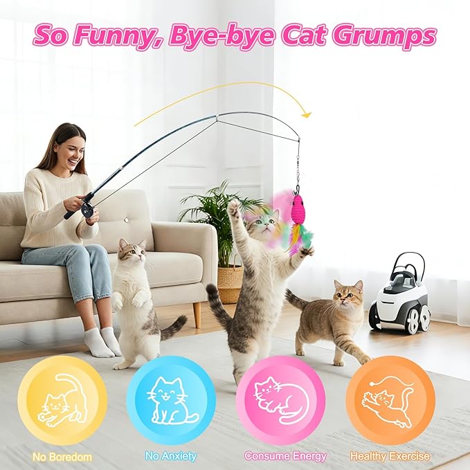 Pawaboo Cat Teaser Wand Toys, Cat Fishing Pole Toy with 3 Pack Feather Refills, 3-Section Retractable Kitten Feather Toys with Pulley, Indoor Cats Teaser Catcher Exerciser with Bell, Rose Red + Pink