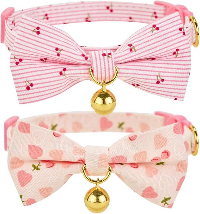 2 Pack Cat Collars with Removable Bow Tie and Bell, Adjustable Breakaway Kitten Collar, Cute Pink Cherry & Heart Print Pet Collar for Cats.(Adult Cat,Pink+Pink)