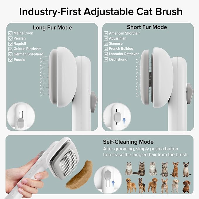 Cat Brush for Shedding, Industry-First Adjustable Cat Brushes for Indoor Cats, Self-Cleaning Slicker brush, 264 Skin-Friendly Needles for Long or Short Haired Dogs, Perfect for Deshedding & Massaging