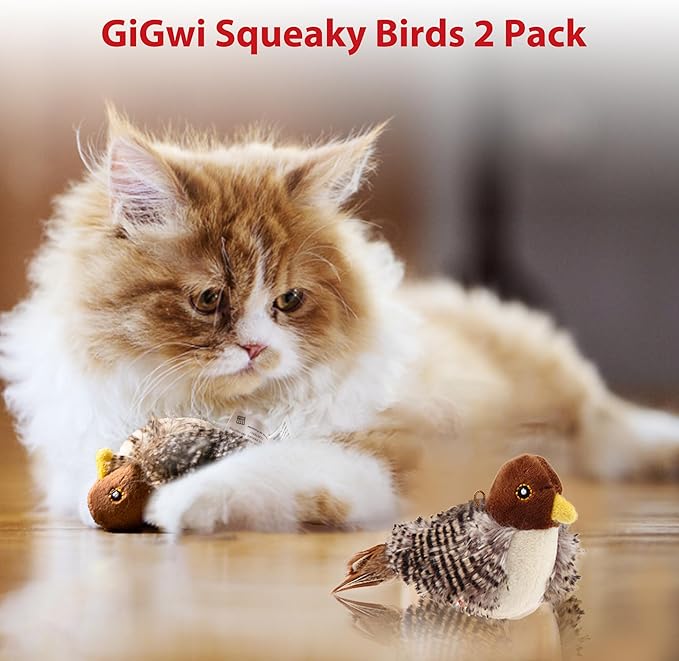 Gigwi Interactive Cat Toys Squeaky 2 Pack, Stimulated Chirping Bird Toys Making Noise, Automatic Chirp Bird Cat Toy with Feather Tail, Melody Chaser Play and Squeak Kitten Toy for Puppy Boredom