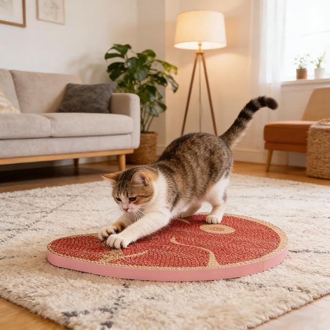 Steak Shape Cat Scratch Board Non-Slip Cat Lounge Bed Textured Scratching Pad Furniture Protection for Home Bedroom Apartment Dorm Office Indoor Use (Color-Red)
