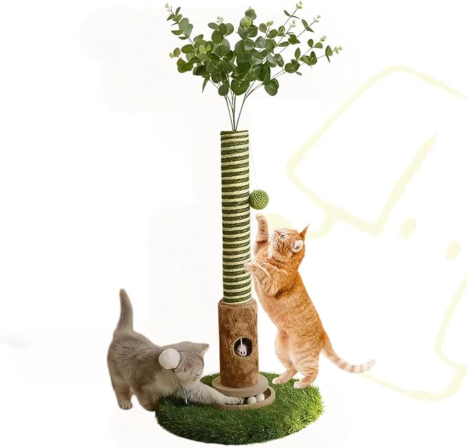 Cat Scratching Post, Two Tone Tall Sisal Scratch Pole For Indoor Cats,Artificial Turf Base Cat Tower With Hanging Toy,Double Ball Track & Simulated Mouse Hole,Strong Post For Kittens/Cats (35 in Post)