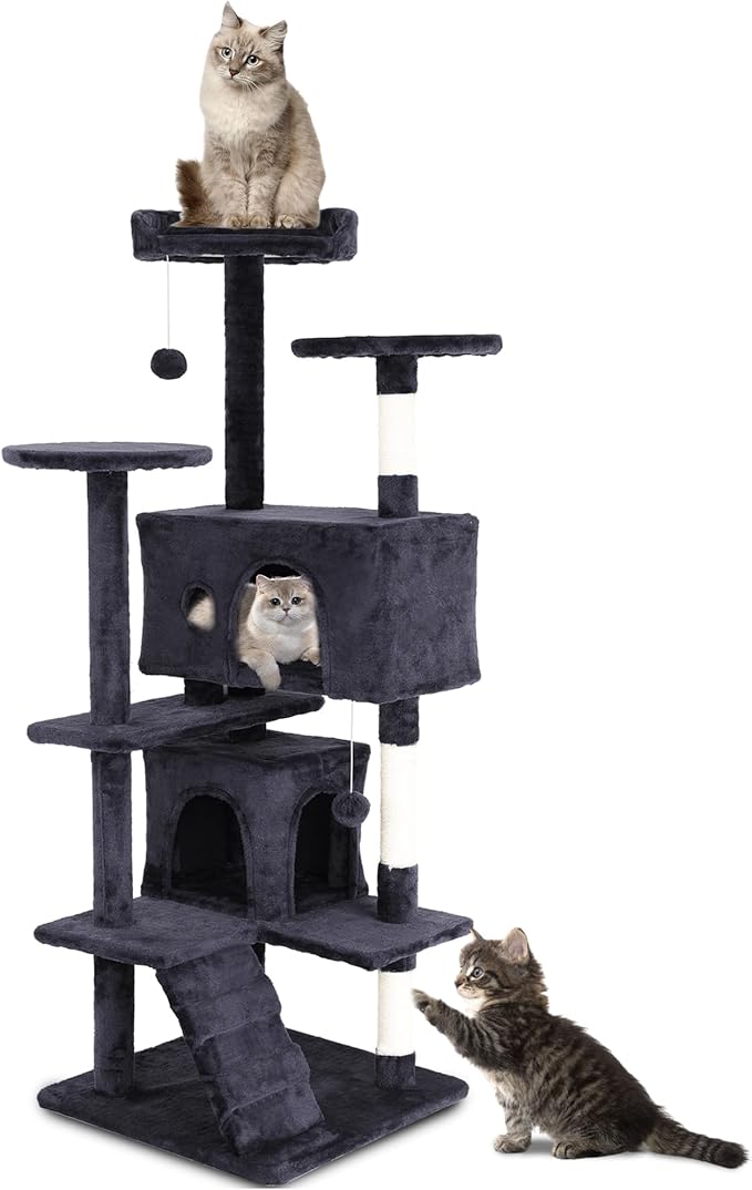 54 inch Cat Climbing Tower - Cat Tree with Jumping Platforms, Cat Condo & Play House for Indoor Cats - Modern Cat Furniture with Scratching Surfaces - Dark Gray