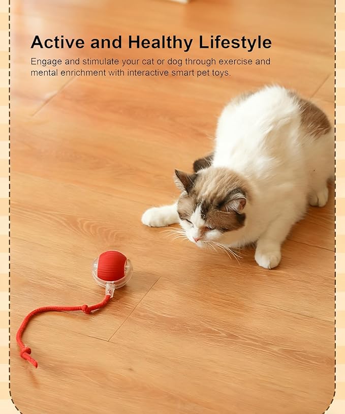 Interactive Cat Toy Ball for Indoor Cats, Automatic Moving Cat Ball with String Tail, 3 Interaction Modes Smart Rolling Pet Toy, Type-C Rechargeable Silent Kitten Toy for Boredom & Exercise