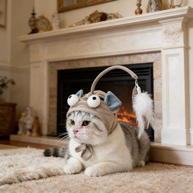 Cat Hat Toy Feather Wand Teaser Cat Toys (Grey)