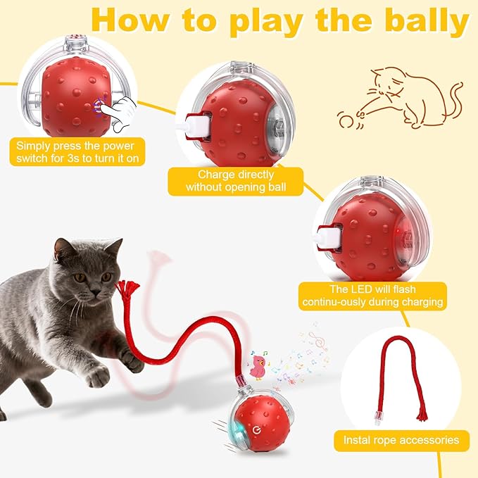 Interactive Cat Toys Ball for Indoor Cats＆Dog,Automatic Cat Toy with Smart Obstacle Avoidance,Bird Chirps & Auto Wake-Up,Includes 4 Cat Spiral Spring,Cat Enrichment Toys for Indoor Cats(Red)