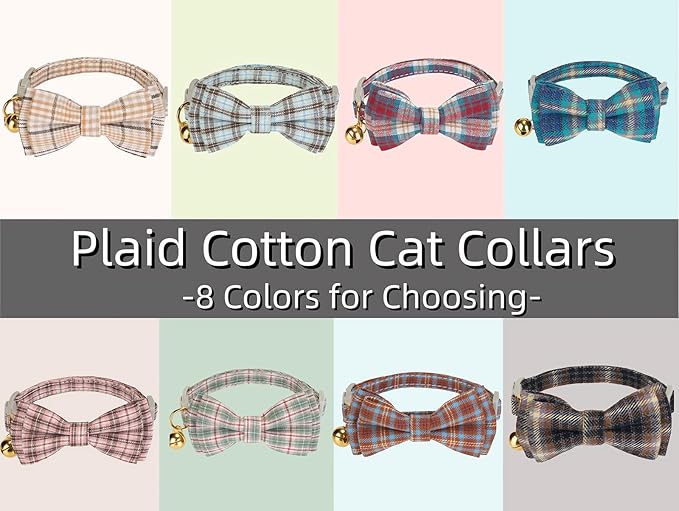 2 Pack Soft Cotton Cat Collars with Bowtie and Bell Breakaway Plaid Cat Kitten Collar(Pink and Jade Green)