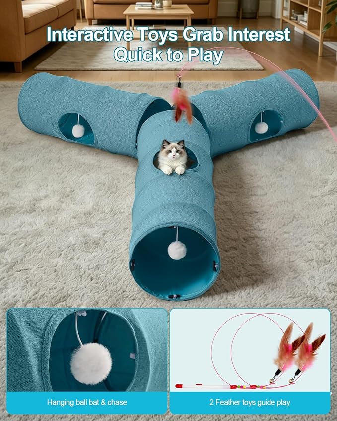 Cat Tunnel, 3 Straight Shaped Tunnels 6 DIY Shapes with Wand Toys, No Noise Scratch Resistant Cool Linen Fabric, Interactive Pet Tunnel Tube for Indoor Cats, Puppy and Rabbits