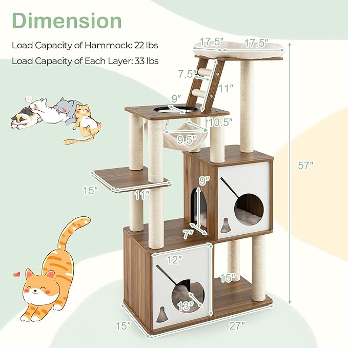 Tangkula Modern Cat Tree, 57 Inch Wood Cat Tower with Sisal Scratching Posts, Padded Top Perch, 2 Cat Condos, Hanging Hammock & Climbing Ladder, Multi-Layer Large Cat Tree Tower for Indoor Cats