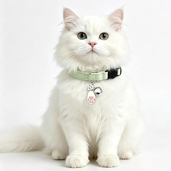 2 Pack Cotton Breakaway Cat Collars with Bell and Charms Green Solid Plaid Safety Collars for Girl Boy Cats, Cat Head and Paw Pendant Cute Kitten Collars