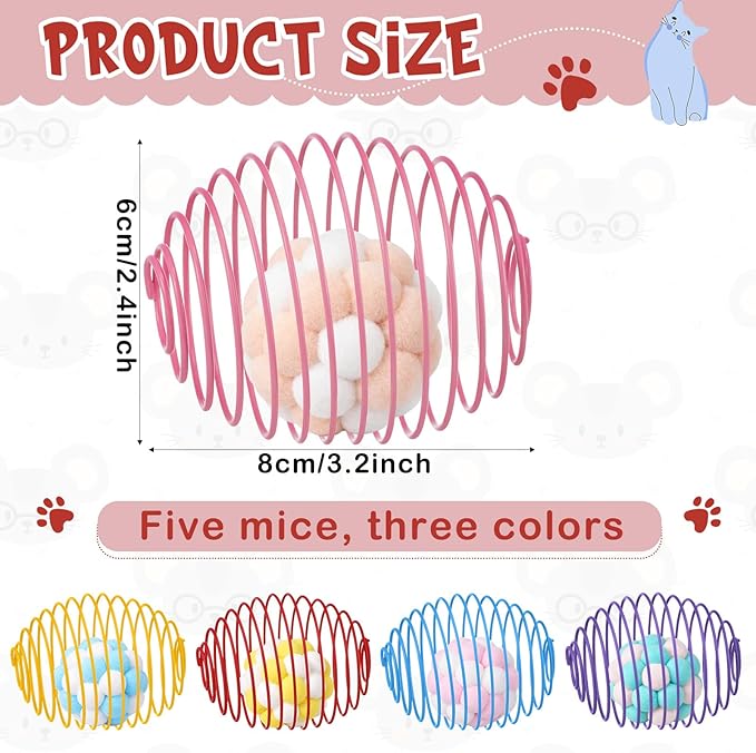 Jecery 5 Pcs Cat Spring Toys Stretchable Rolling Balls Colorful Playful Coils Interactive Action Toy Caged Rats for Kitten Pet Supplies (Plush Ball,Multicolor)