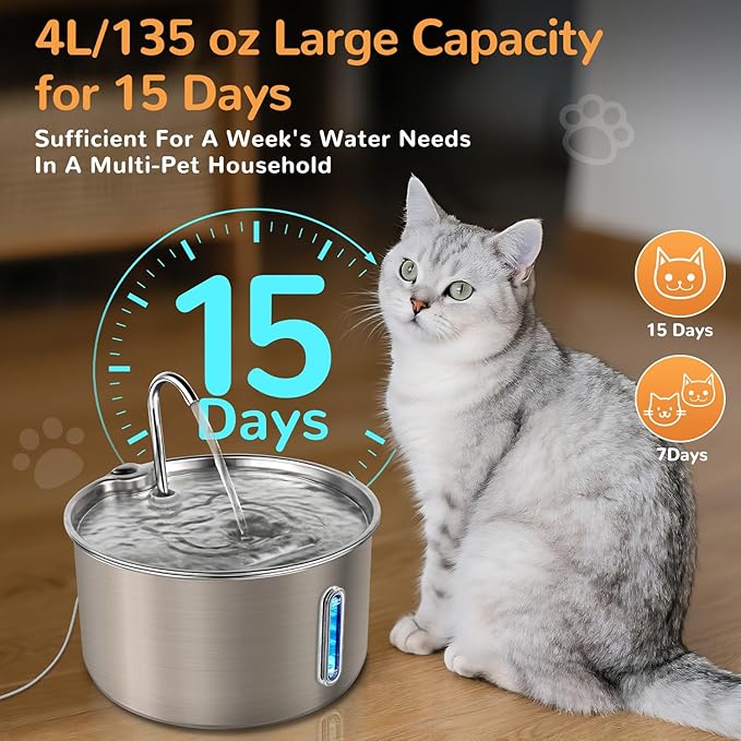 Stainless Steel Cat Water Fountain, 135oz/4L Automatic Pet Water Dispenser with 12 Replacement Filters, Ultra-Quiet Adjustable Pump, 3 Flow Modes for Cats, Dogs & Multi-Pet Homes
