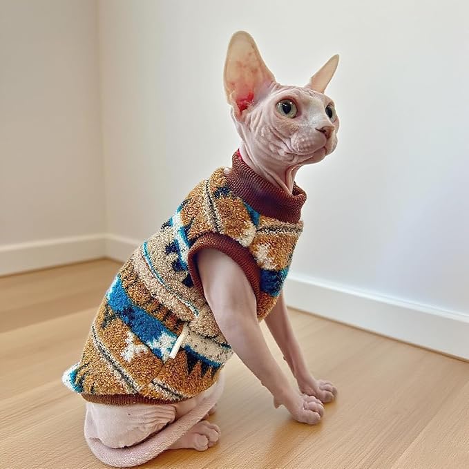 Sphynx Cat Winter Sweater, Warm Soft Fluffy Pet Clothes, for Hairless Cats, Cornish Rex, Devon Rex (Orange, L (5-7 lbs))