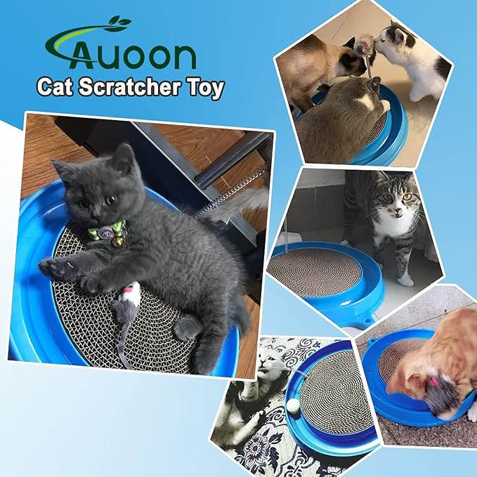 AUOON Cat Scratcher Toy with Ball Track - 3 in 1 Interactive Cat Toy, Cat Scratch Pad with Cat Ball Toy and Plush Cat Mouse Toy for Indoor Cats and Kittens (Blue)