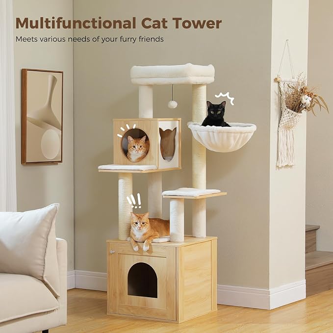 PETEPELA Cat Tree with Litter Box Enclosure, 2-in-1 Wood Cat Tower for Indoor Large Cats, 57.5'' Cat Condo with Scratching Posts, Cozy Hammock and Repalcable Dangling Balls, Beige