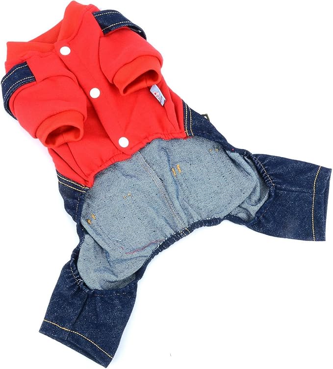 Dog Outfits for Small Dogs Boy Girl Spring Shirts Denim Bib Pants 2 Pockets Jumpsuits One Piece Apparel for Cats Puppies Chihuahua Clothes Adorable Overall for Medium Pet 4 Legs Autumn Red L