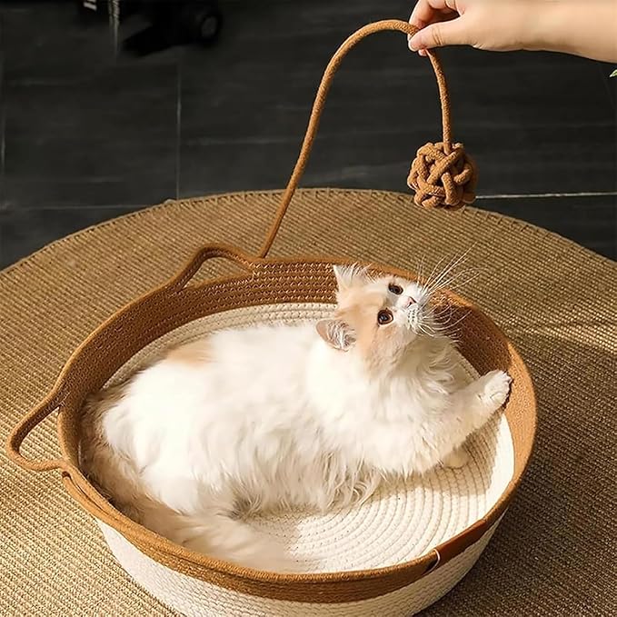 Cat Toy Baskets for Indoor Cats, Cotton Rope Woven Cat Basket Bed, Ergonomic Design with Cat Ear Handles & Interactive Teaser Ball, Soft, Breathable, Scratch-Resistant (Green,L)