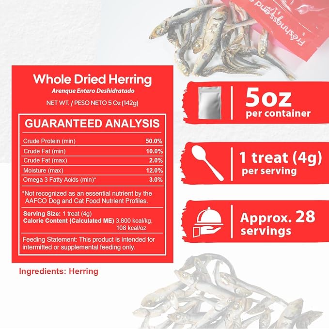 Whole Dried Herring 5 Oz, One Ingredient Dog Treats Fish for Training, Crunchy Air Dried Fish for Dogs and Cats