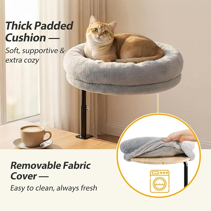 Sunhoo Cat Desk Bed 360° Rotating Height Adjustable Desktop Mount Hammock Kitten Perch Easy Setup Kitty Nest Table Clamp-on Attachment for Indoor Cats Washable 17" Diameter Hold Up to 40lbs（Grey）