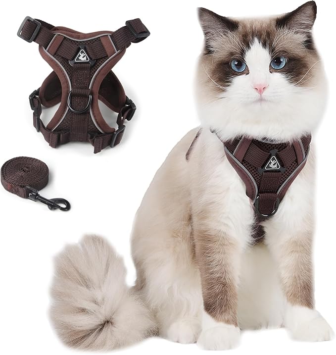 Cat Harness and Leash Set for Outdoor Walking, Upgraded Escape Proof Adjustable Kitten Vest with Lead for Small Cat, Soft Breathable Mesh Jacket with Reflective Strips for Dark Night, S Coffee Brown
