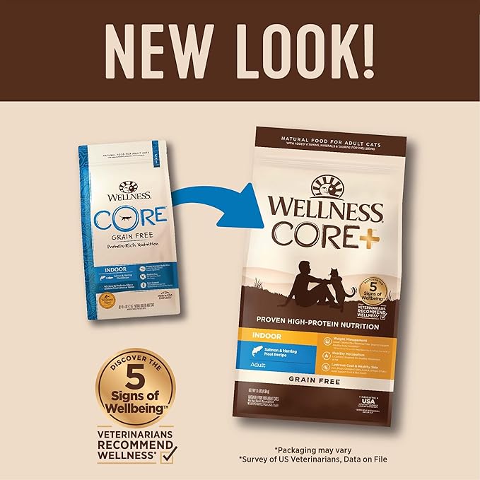Wellness CORE+ Adult Dry Cat Food for Indoor Cats, Natural, Grain Free Kibble, Salmon and Herring Meal Recipe, 11 lb Bag