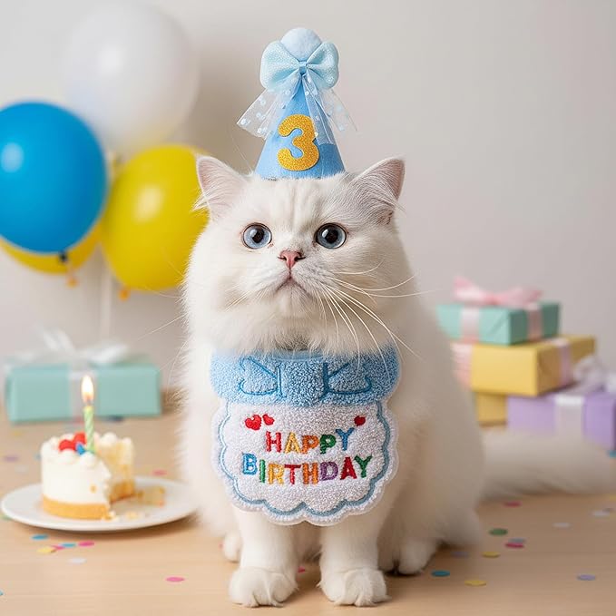 Blue Cat Birthday Hat, Cats Party Bandana Hat Numbers for Pet Birthdays Decorations