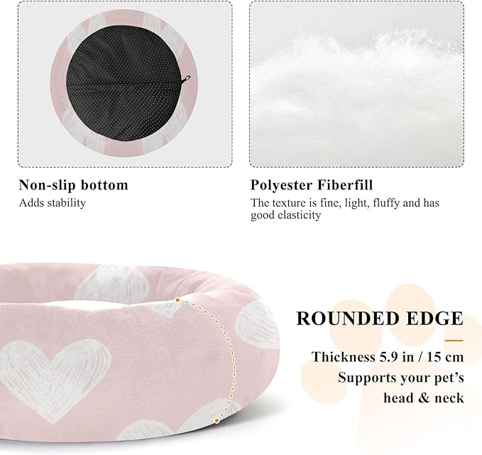 Valentine's Day Pink Heart Donut Pet Bed, Fluffy Cat Bed for Cats for Medium Sized Pets, Dog Supplies and Furniture