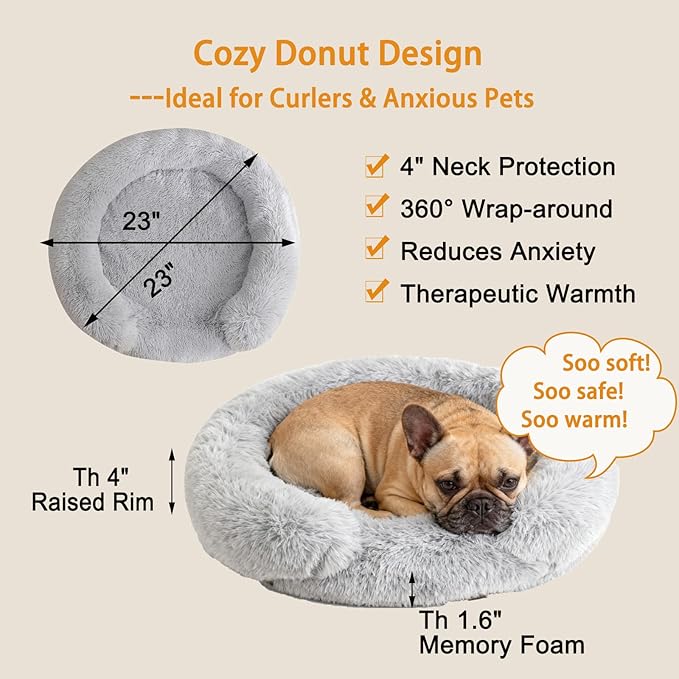 Calming Dog & Cat Beds with Orthopedic Egg-Crate Foam Raised Rim, Soft Fluffy Faux Fur Pet Bed for Small Medium Dogs, Anxiety Relief Spine Support, Machine Washable (Round, Pale Grey 23")