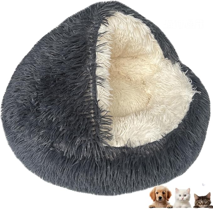 Cat Bed Round Fluffy Hooded Cat Bed Cave Puppy & Kitty,Cat Bed Round Plush Fluffy Hooded Cat Bed Cave, Cozy Cocoon Dog Bed Winter Warm Long Plush Cozy Nook Dog Bed.,15.7IN,Black