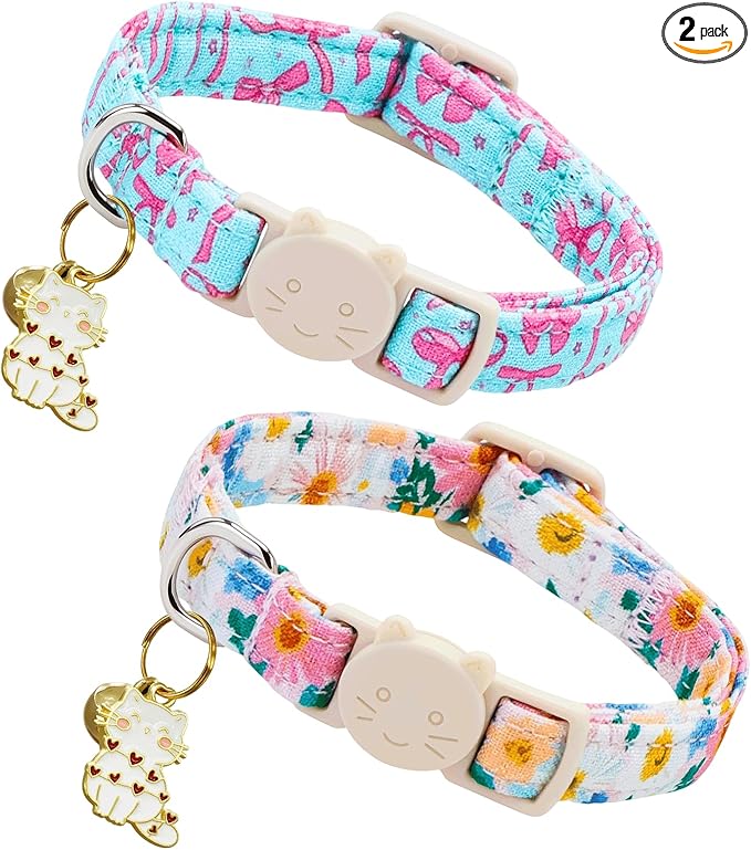 Elegant little tail 2 Pack Cat Collar- Spring Print Cotton Breakaway Cat Collars with Bell Pendant Kitten for Girl Safety Adjustable Collar for Small Cats Puppy