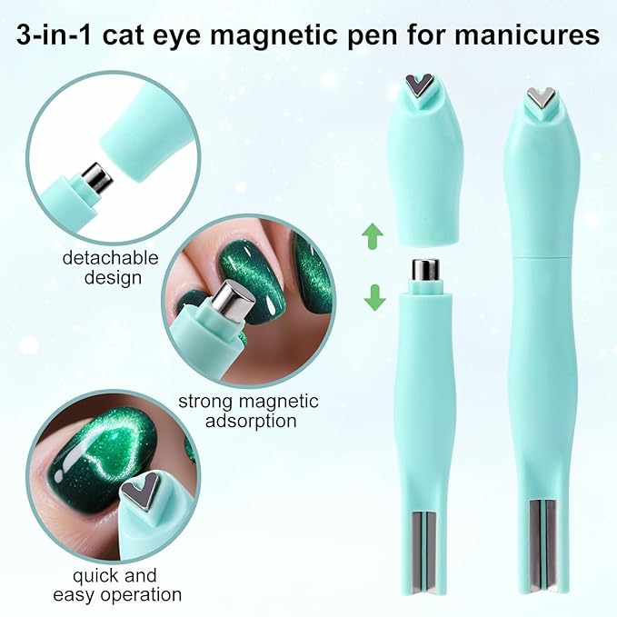 3 in 1 Cat Eye Magnet for Nails, Multifunctional Magnet Tools Nails Design Cat Eye Gel Polish Magnetic Pen Line & Heart Shaped Round Accessories for Home DIY Art Salon Studio