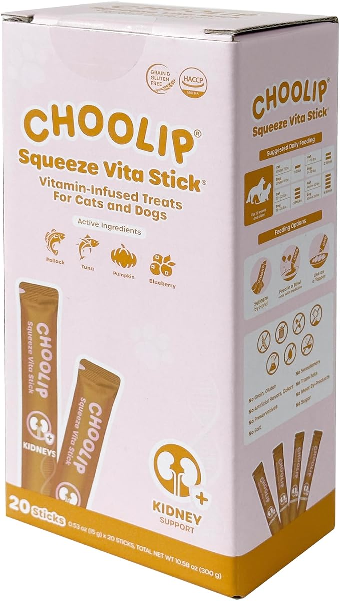 Choolip Squeeze Vita Stick Lickable Cat and Dog Treats – 20-Count Kidney Support Sticks – Creamy Puree with Multivitamins, Cranberry, and CoQ10 for Renal & Urinary Health – Grain-Free & Vet-Formulated