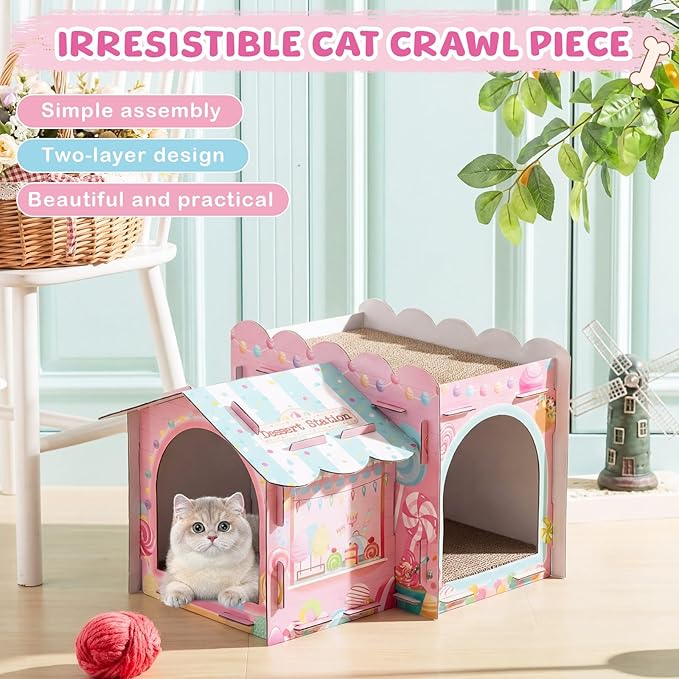 Lineshading 2 Story Cardboard Cat House with Scratcher Pad, Multi Level Durable Cat Scratcher House for Small Kitten Bunny Rabbit Animals Christmas Birthday Gift(17x12x10,Confectionery)