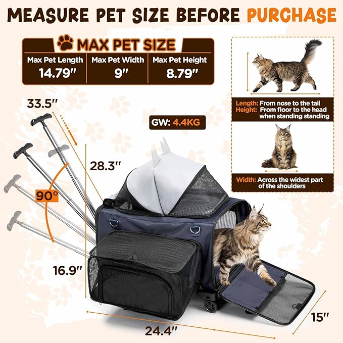 3-Sided Expandable Pet Cat Carrier with Wheels & Hammock, 24-Inch Soft-Sided Portable Rolling Pet Carrier for Large Cats, Medium & Small Dogs, Detachable for Travel, Camping, Outdoor Walks