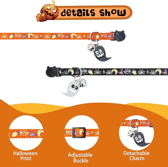 EXPAWLORER Halloween Cat Collar Breakaway - Glow in The Dark Holiday Pet Kitten Collar with Bell and Cute Ghost Pendant, Ideal Gift Adjustable Safety Collars for Cats, 2 Pack