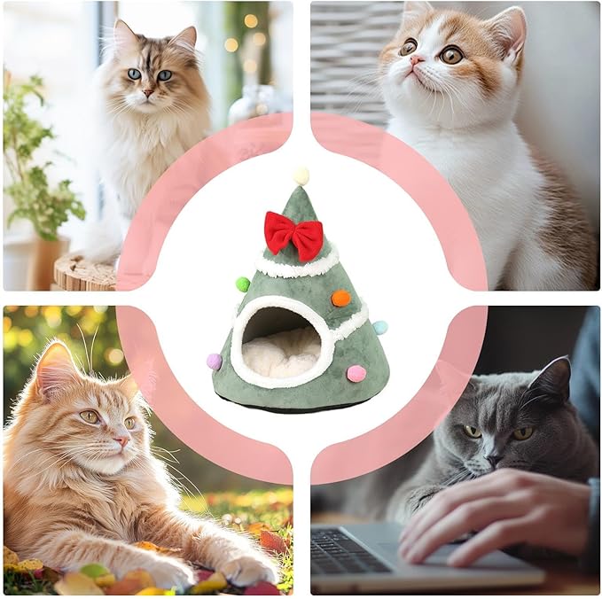 Christmas Cat House - Velvet Pet Tree House Nest, Warm Winter Sleeping Bag, Washable Furniture, Small Medium Large Breeds | Suitable for Bedroom Balcony Living Room Playing Resting Napping