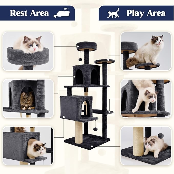 58 Inch Cat Tree Cat Tower for Indoor Cats Tall Cat Condos Scratching Post with Hanging Toy Furniture for Kitten Pets Play, Grey Black