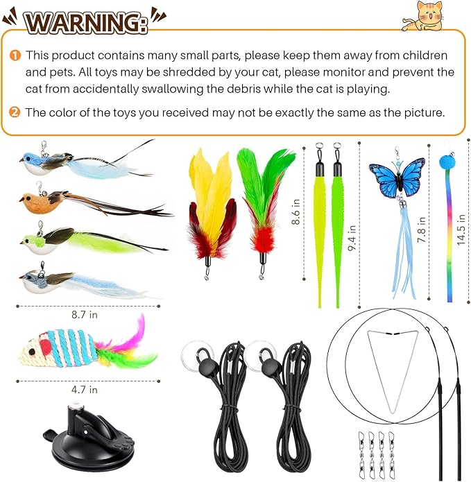 Interactive Bird Simulation Cat Toys，4 in 1 Cat Toys for Indoor Cats, 4 Replacement Birds，Hanging Door Kitten Wand with Suction Cup Removable Feathers Balls Mice Butterfly Streamers