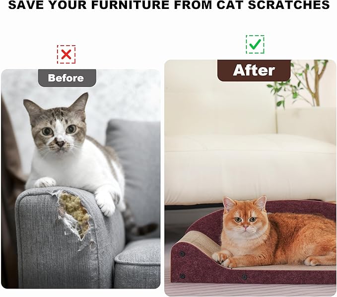 26" Cat Scratcher Bed, Large Scratcher Couch for Indoor Cats, Cardboard Scratcher Sofa, Durable Scratch Pad with Ball & Catnip, Furniture Protector (Brown, Large)