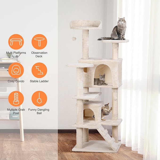 54in Cat Tree for Indoor Cats Multi-Level Condo Tower Bed Furniture Kitten Play House with Scratching Posts, Beige