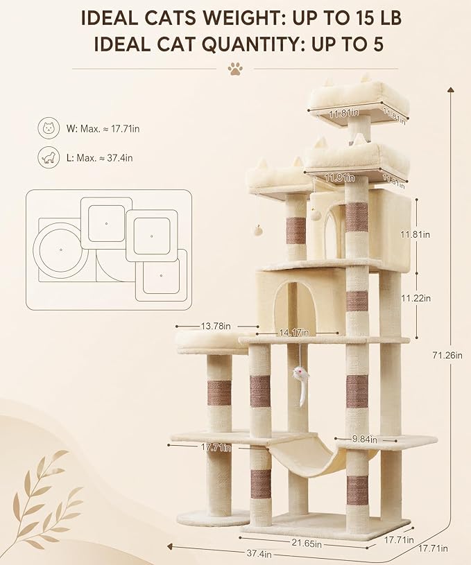 Heavy Duty Cat Tree for Indoor Cat, 71 Inch Large Cat Tower with Scratching Post and Top Perch, Hammock, Big Cat Condo for Adult Cats Kittens, PMT03BW, Beige