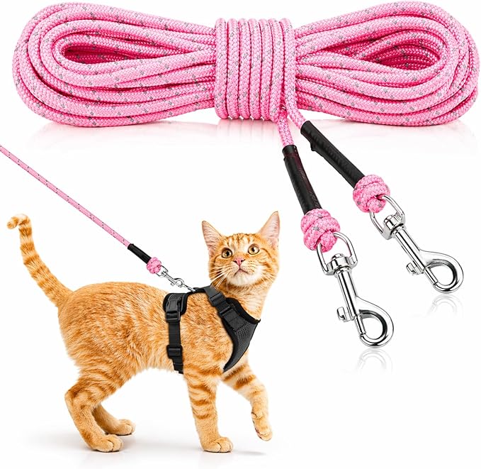 Rypet Reflective Cat Long Leash - 30 FT Escape Proof Walking Leads Yard Long Leashes Durable Safe Personalized Extender Leash Traning Play Outdoor for Kitten, Puppy, Rabbit and Small Animals(Pink-M)